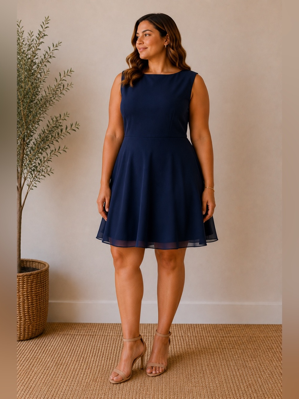 90s Kenar Navy Sleeveless Chiffon Fit-and-Flare Mini Dress